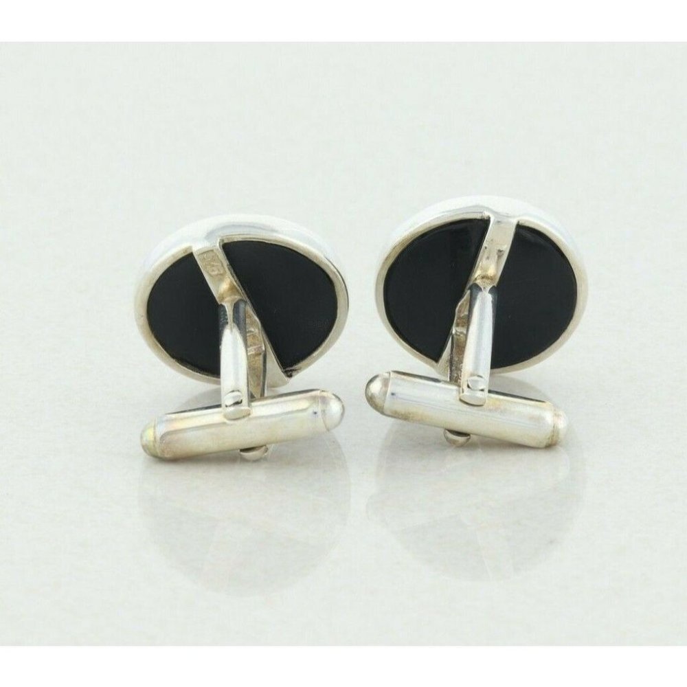 Men's Sterling Silver and Black Bullet Back Cufflinks - Picture 5 of 6